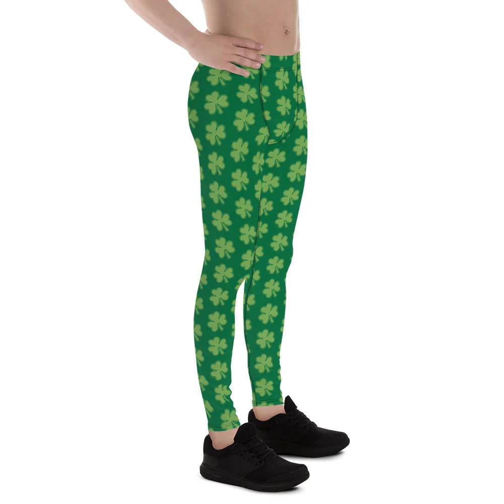 Green Classic Clover Print St. Patty's Day Men's Leggings Meggins Tights -Made in USA/EU