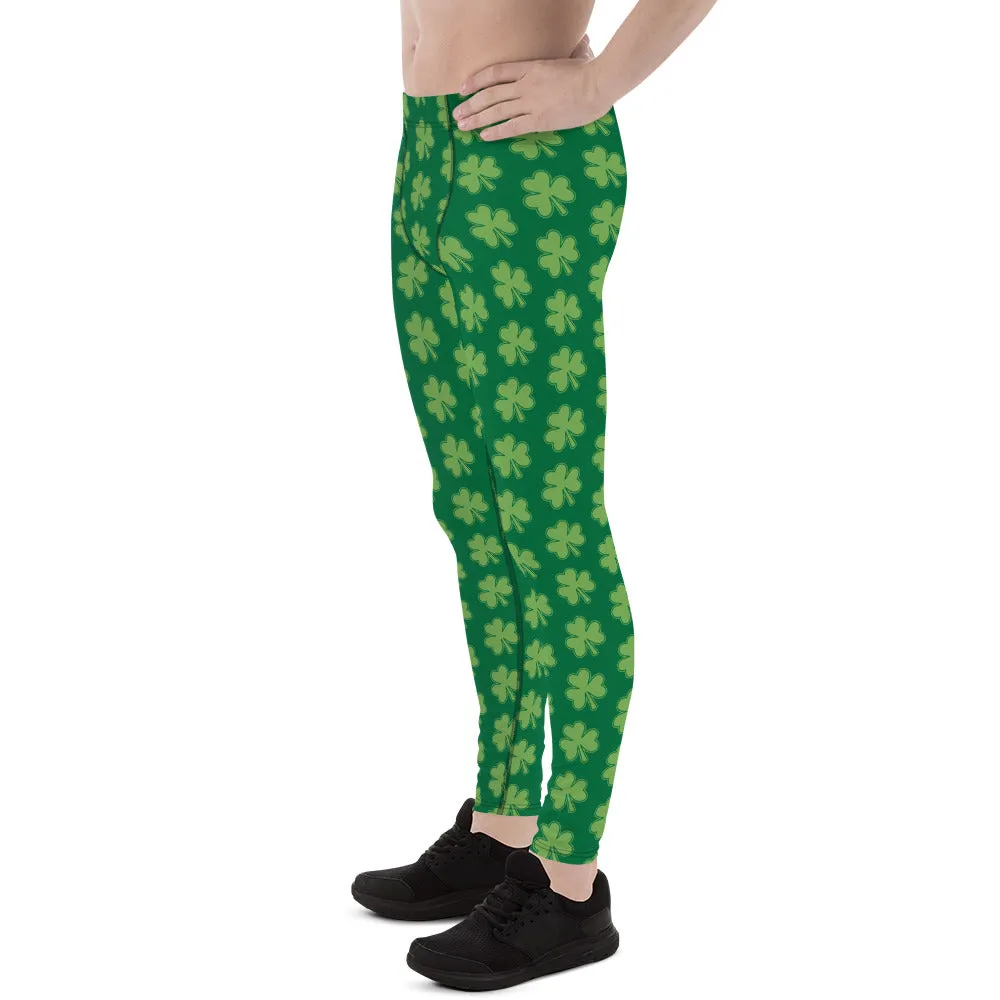 Green Classic Clover Print St. Patty's Day Men's Leggings Meggins Tights -Made in USA/EU