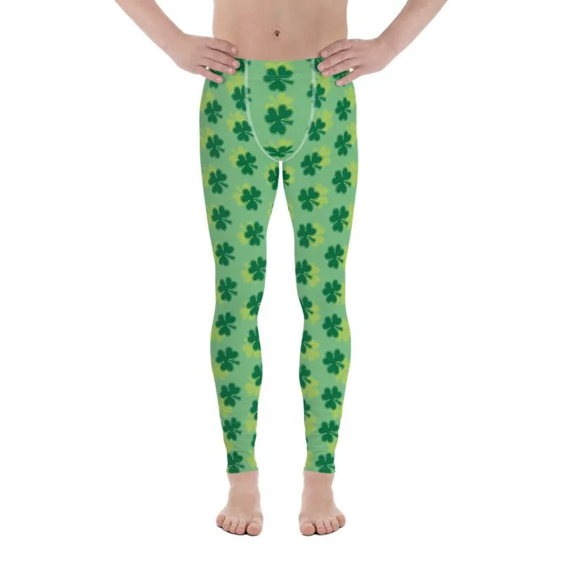 Green Clover Meggings, Leaf Print St. Patrick's Day Best Men's Leggings-Made in USA/EU