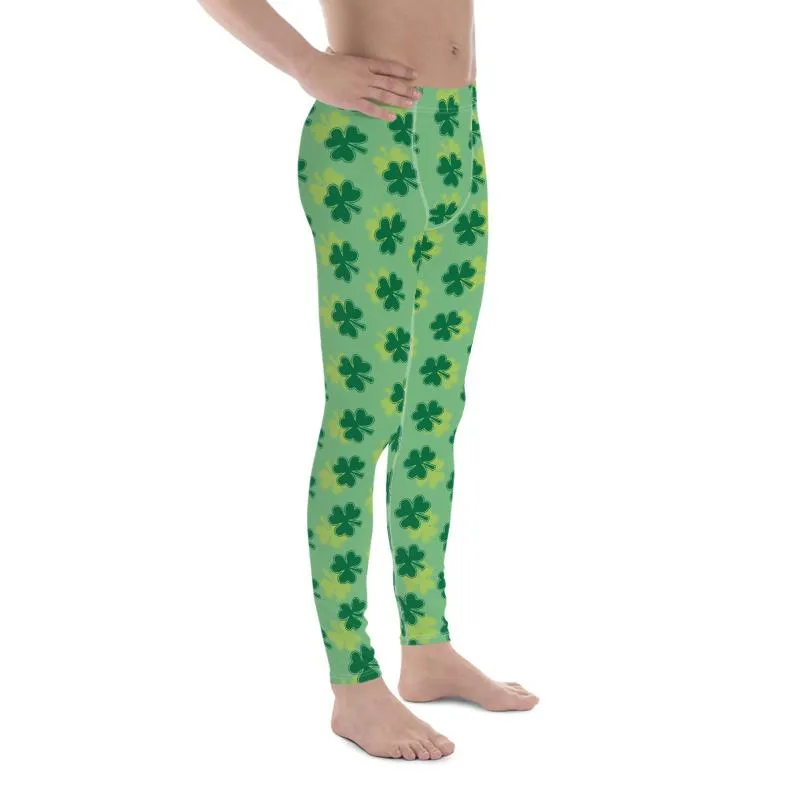 Green Clover Meggings, Leaf Print St. Patrick's Day Best Men's Leggings-Made in USA/EU