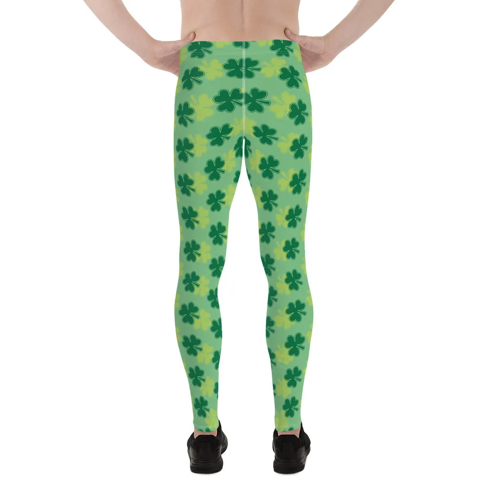 Green Clover Meggings, Leaf Print St. Patrick's Day Best Men's Leggings-Made in USA/EU