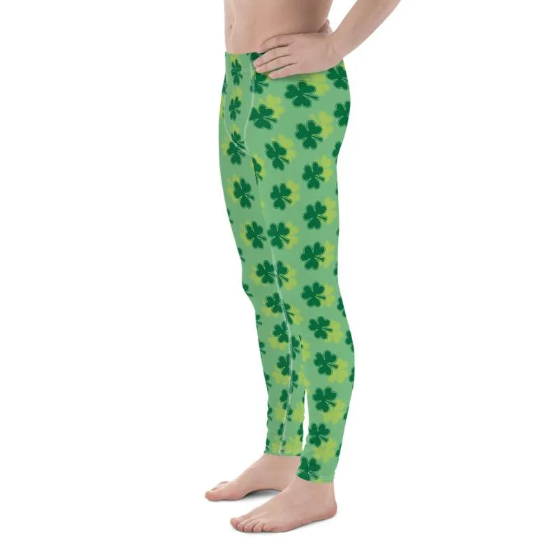 Green Clover Meggings, Leaf Print St. Patrick's Day Best Men's Leggings-Made in USA/EU