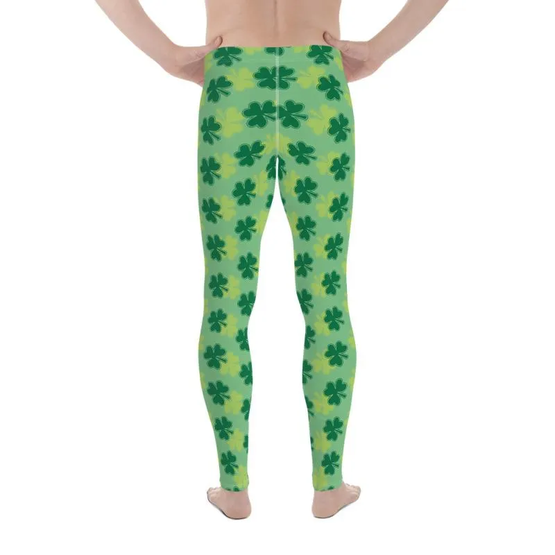 Green Clover Meggings, Leaf Print St. Patrick's Day Best Men's Leggings-Made in USA/EU