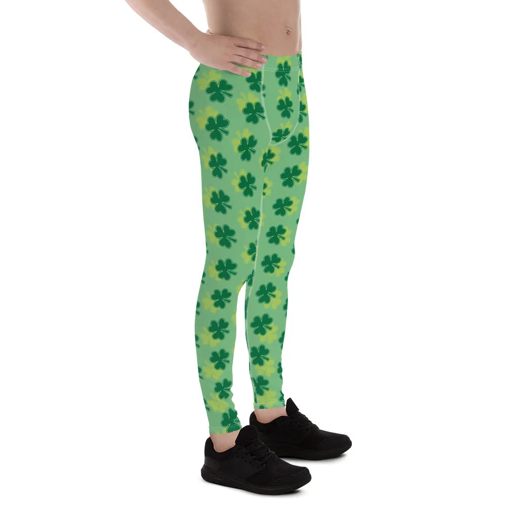 Green Clover Meggings, Leaf Print St. Patrick's Day Best Men's Leggings-Made in USA/EU