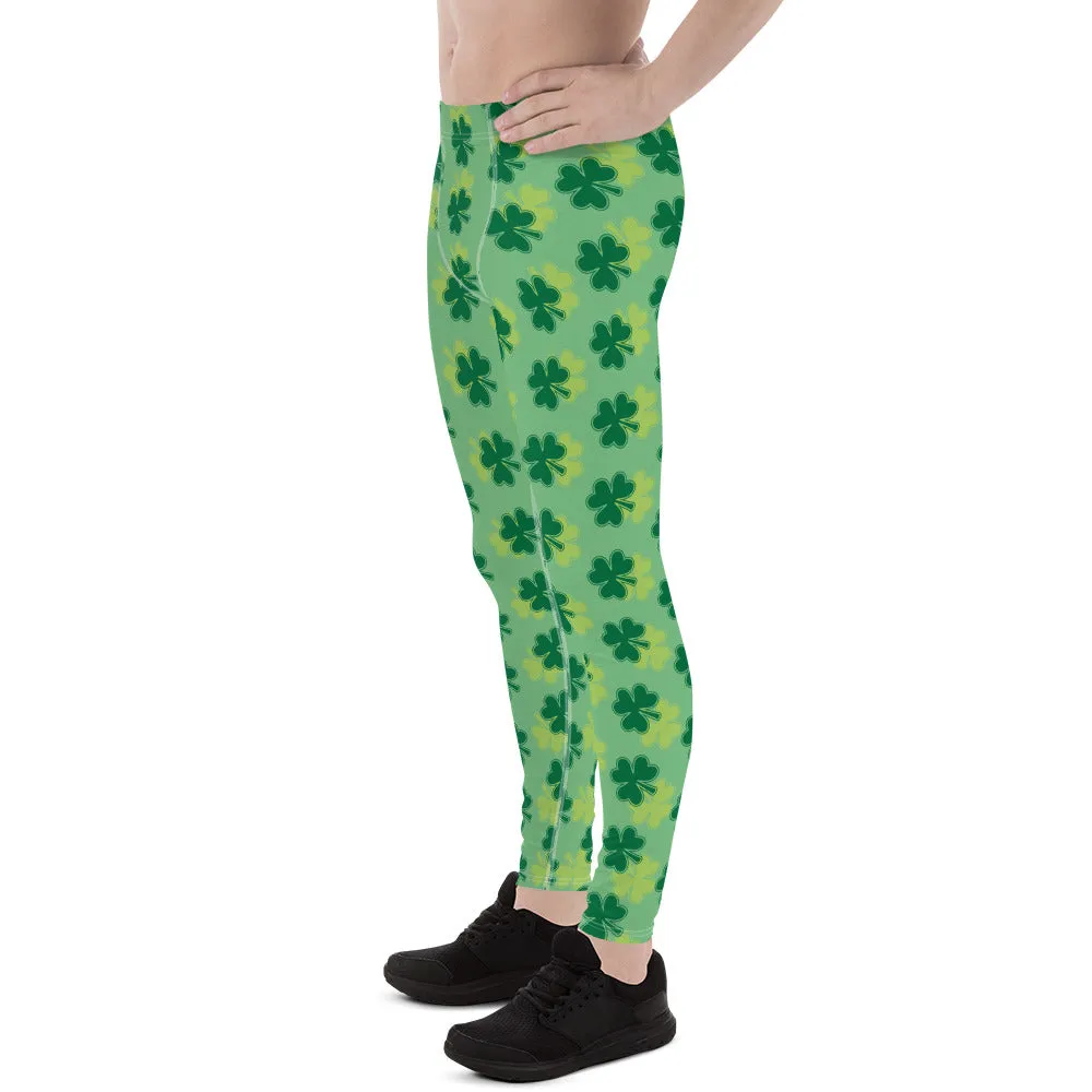 Green Clover Meggings, Leaf Print St. Patrick's Day Best Men's Leggings-Made in USA/EU