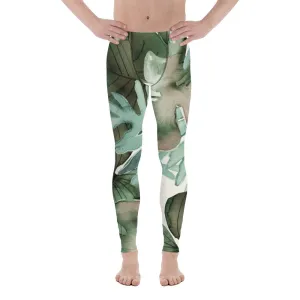 Green Tropical Leaf Men's Leggings, Tropical Leaves Print Designer Running Compression Tights For Men - Made in USA/EU/MX