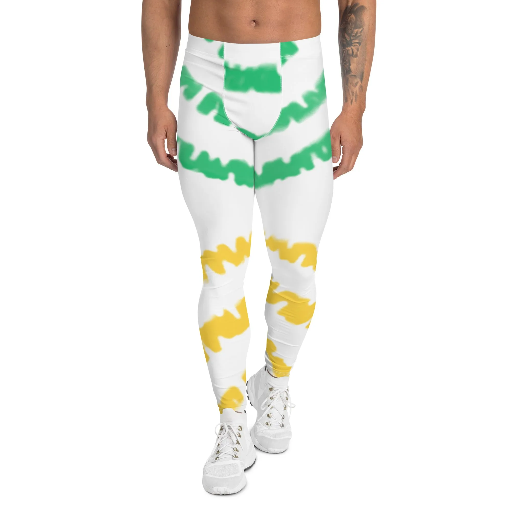 Green Yellow Tie Dye Meggings, Abstract Men's Party Tie Dye Leggings For Men-Made in USA/EU/MX