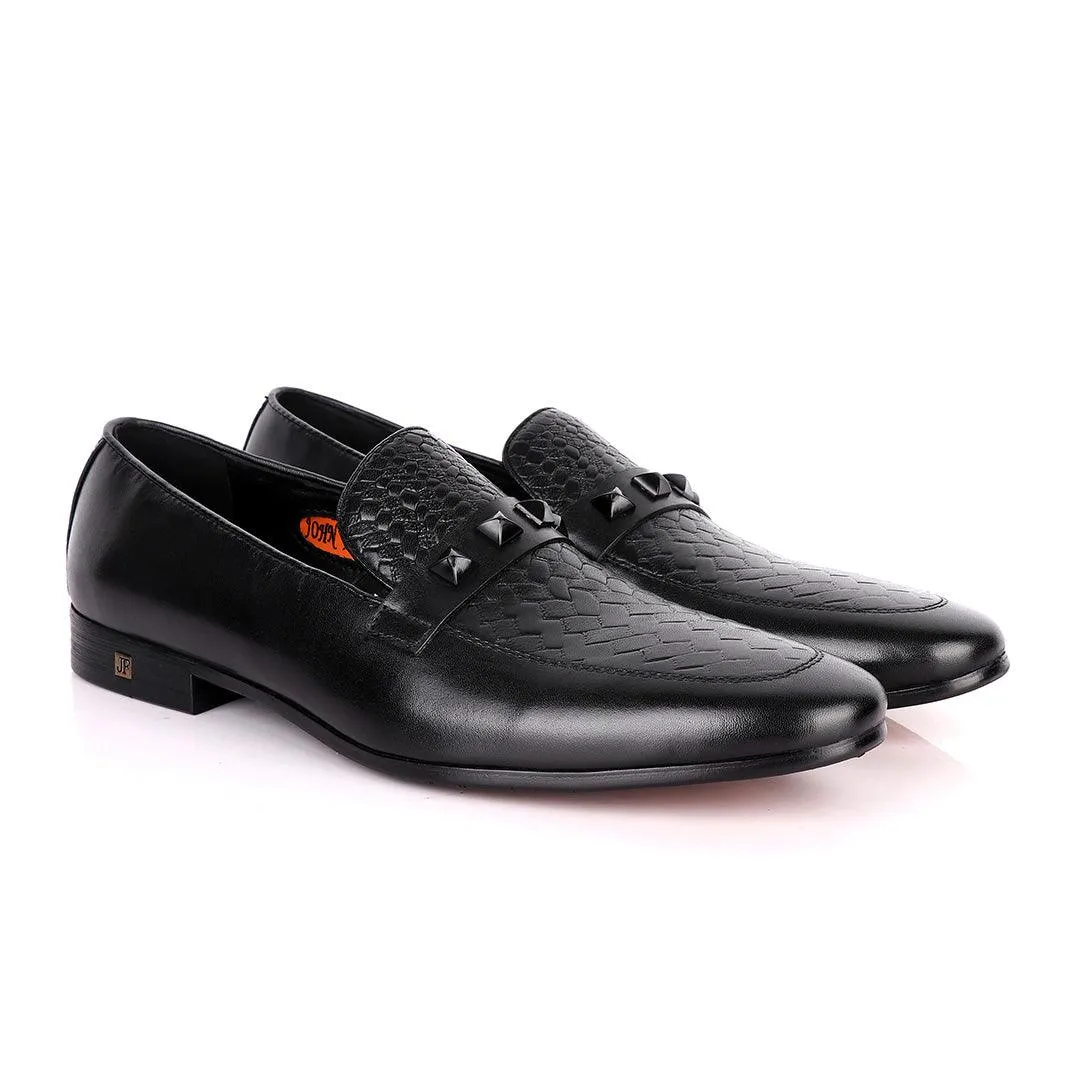 John Foster Half Woven With Black Crystal Design Leather Shoe-Black