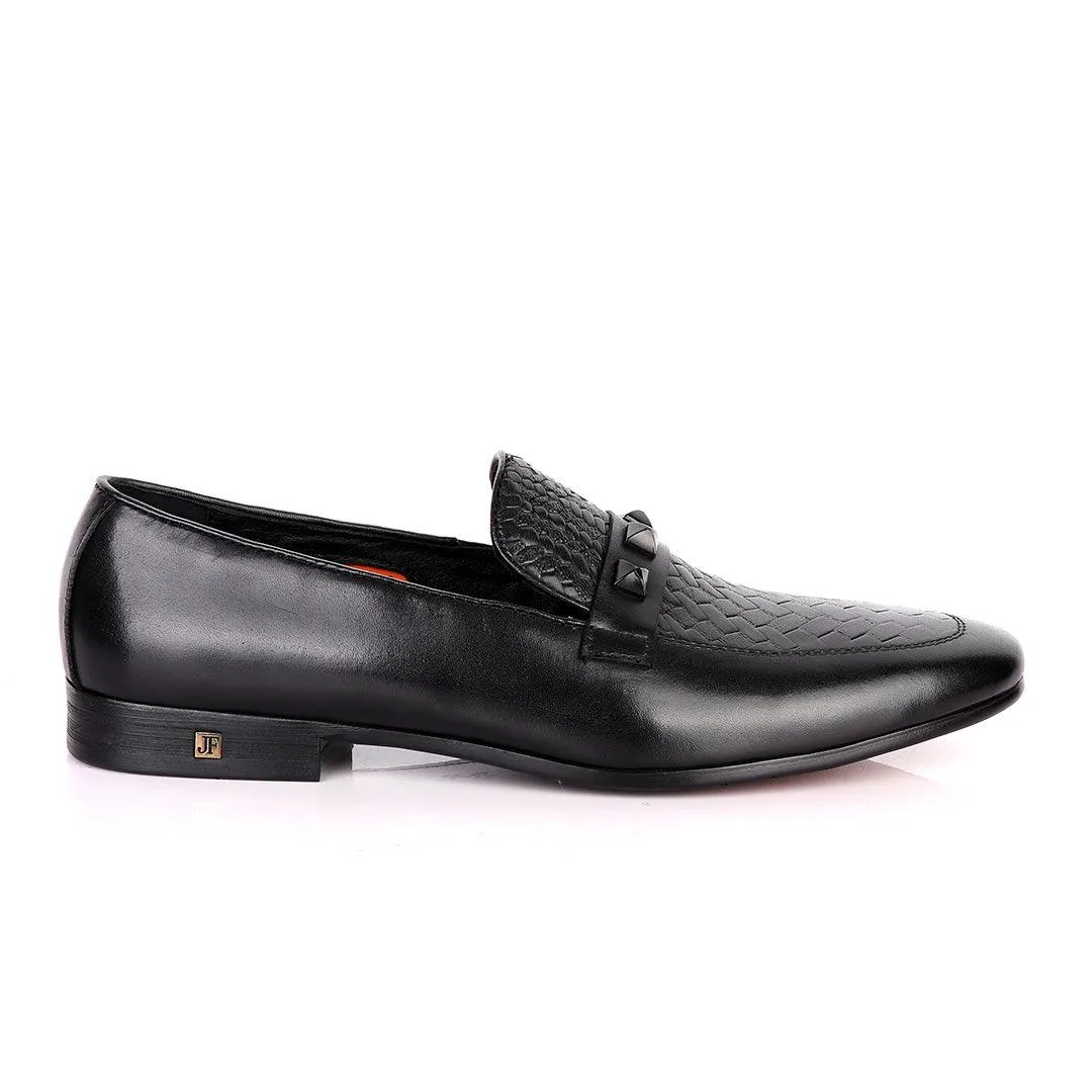 John Foster Half Woven With Black Crystal Design Leather Shoe-Black