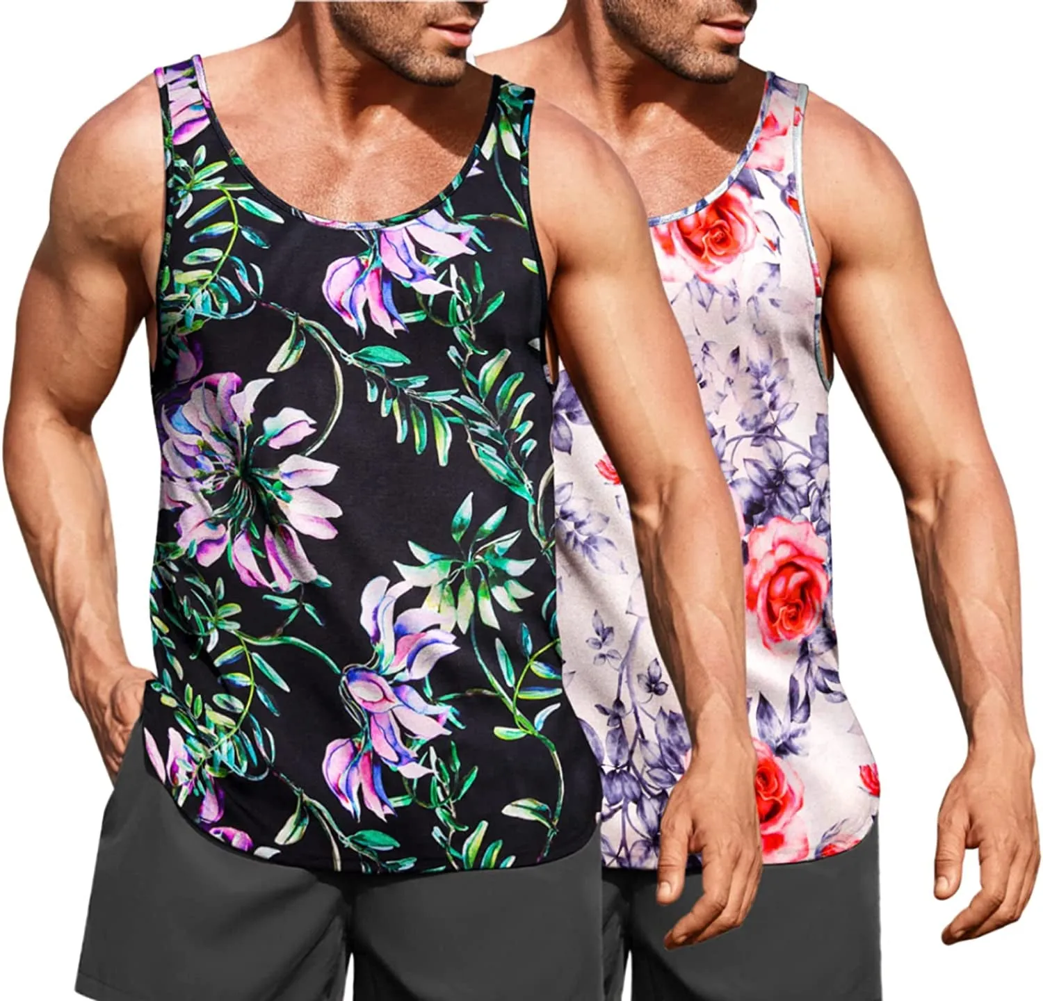 Men's Floral Tank Top Sleeveless Tees All Over Print Casual Sport Gym T-Shirts Hawaii Beach Vacation