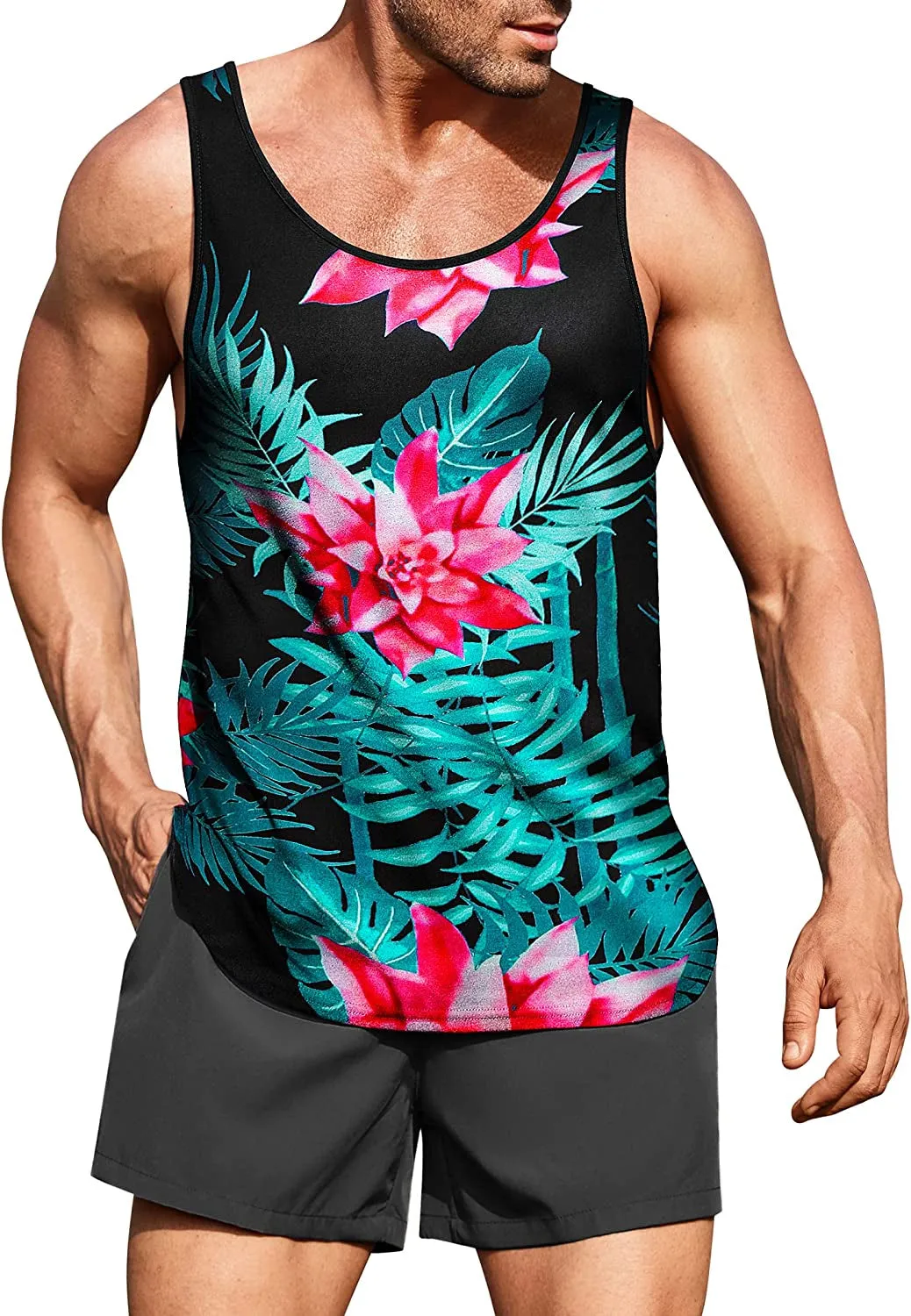 Men's Floral Tank Top Sleeveless Tees All Over Print Casual Sport Gym T-Shirts Hawaii Beach Vacation