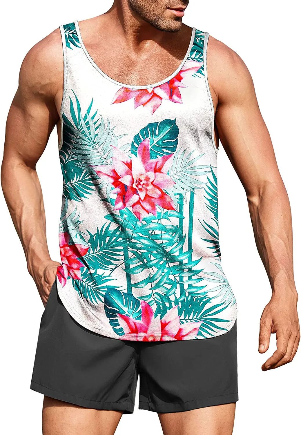 Men's Floral Tank Top Sleeveless Tees All Over Print Casual Sport Gym T-Shirts Hawaii Beach Vacation