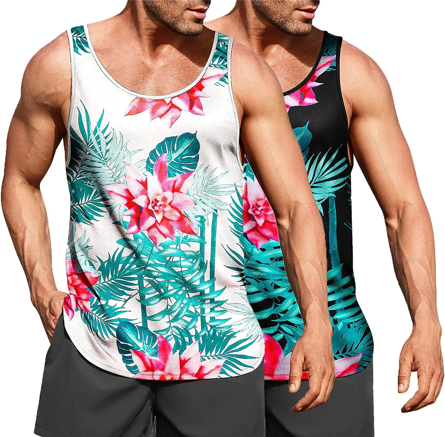 Men's Floral Tank Top Sleeveless Tees All Over Print Casual Sport Gym T-Shirts Hawaii Beach Vacation