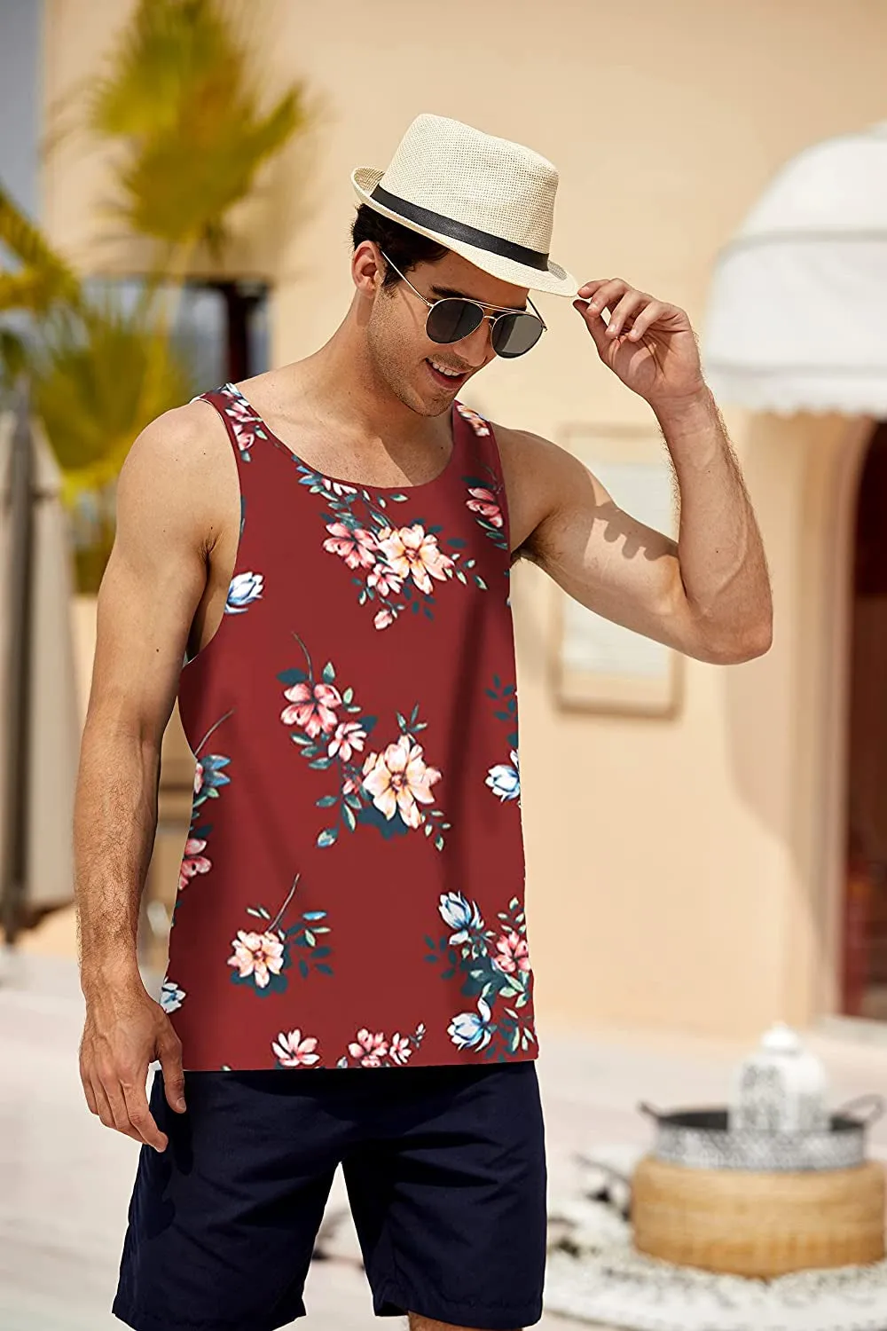 Men's Floral Tank Top Sleeveless Tees All Over Print Casual Sport Gym T-Shirts Hawaii Beach Vacation