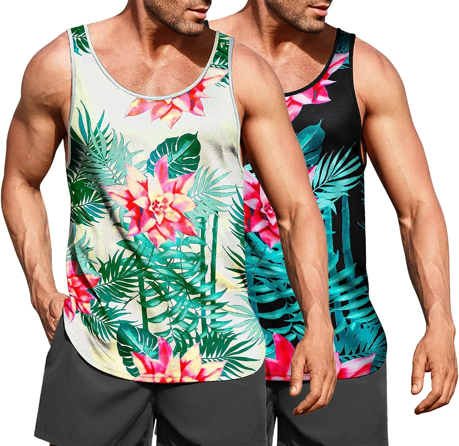 Men's Floral Tank Top Sleeveless Tees All Over Print Casual Sport Gym T-Shirts Hawaii Beach Vacation