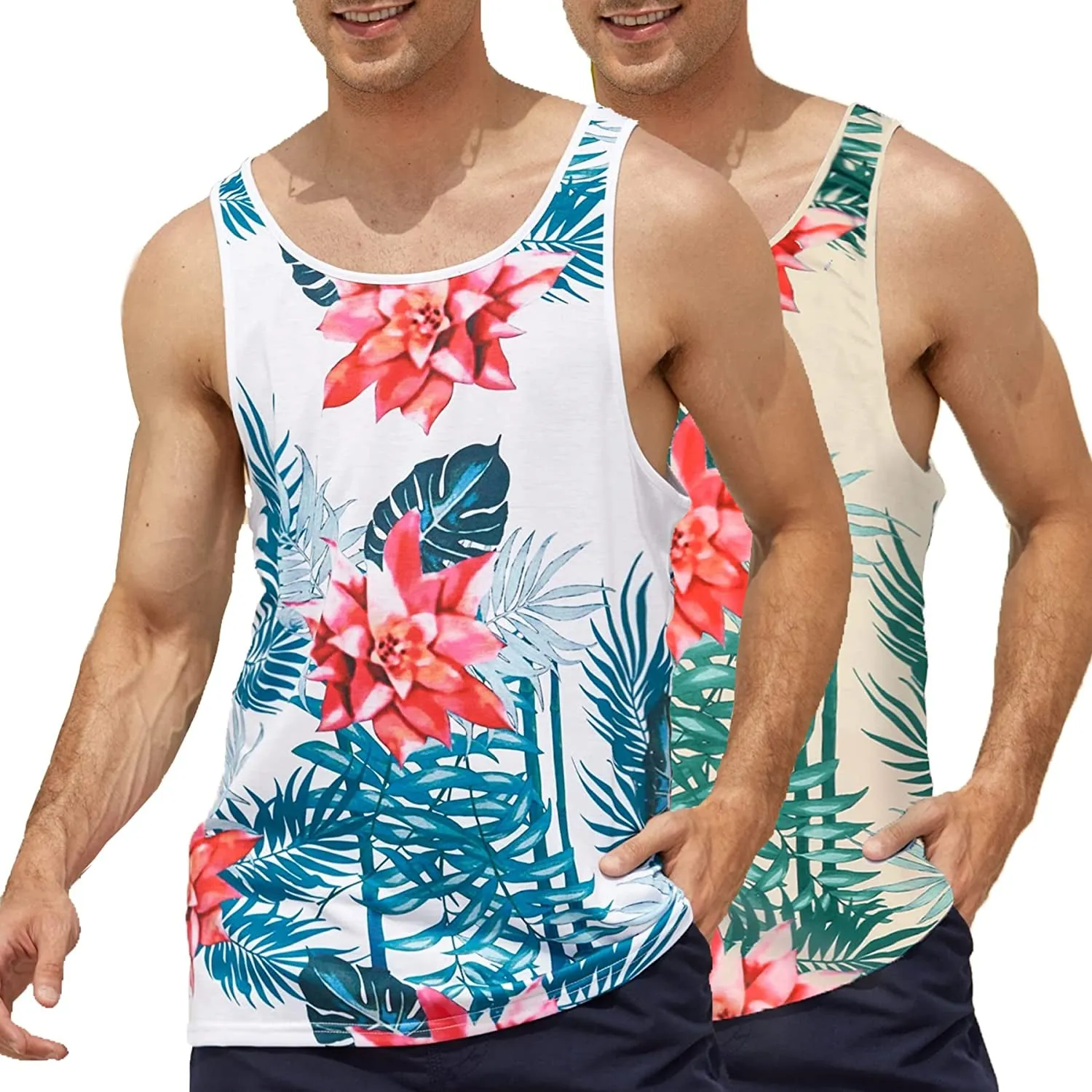 Men's Floral Tank Top Sleeveless Tees All Over Print Casual Sport Gym T-Shirts Hawaii Beach Vacation