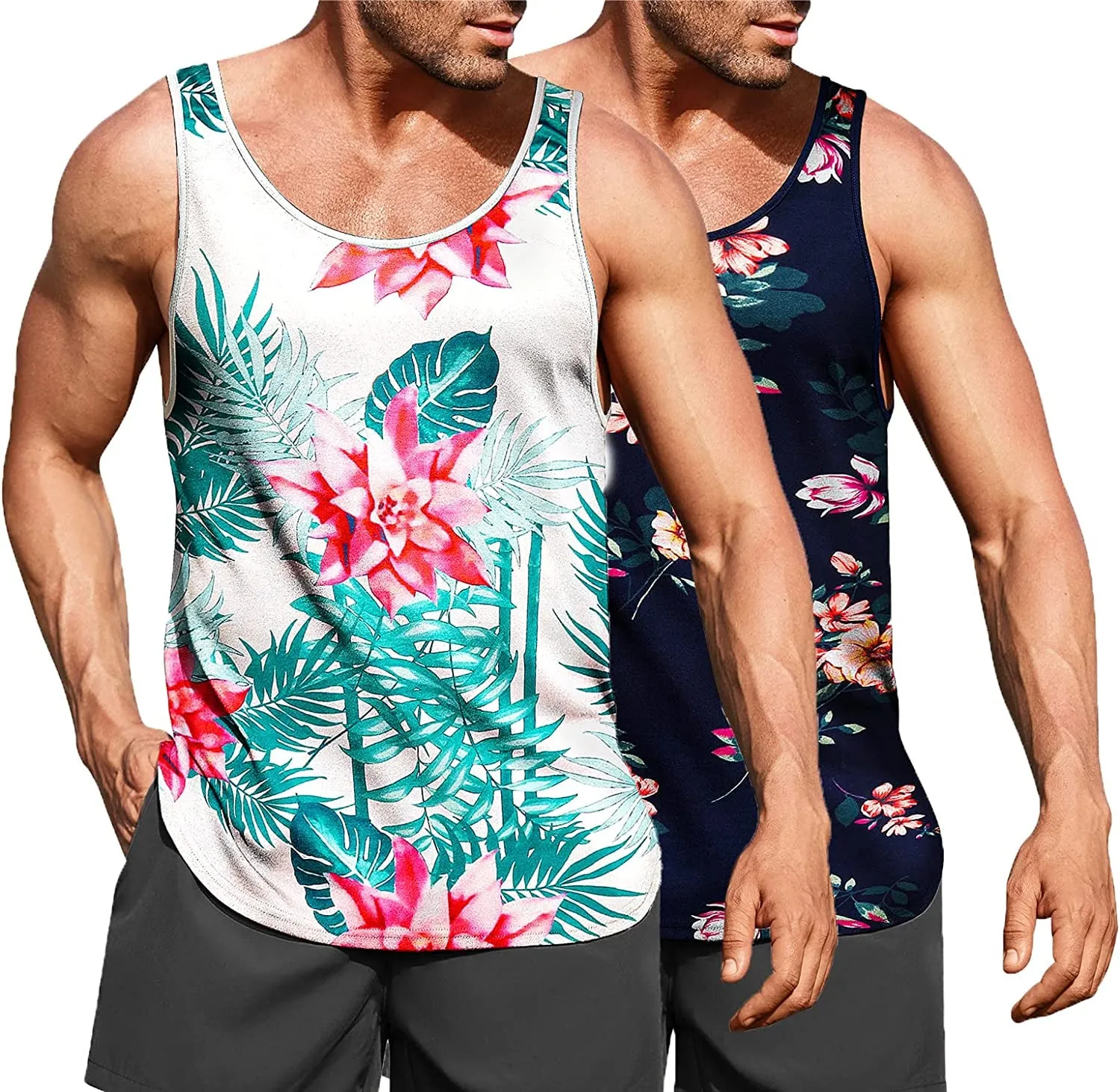 Men's Floral Tank Top Sleeveless Tees All Over Print Casual Sport Gym T-Shirts Hawaii Beach Vacation