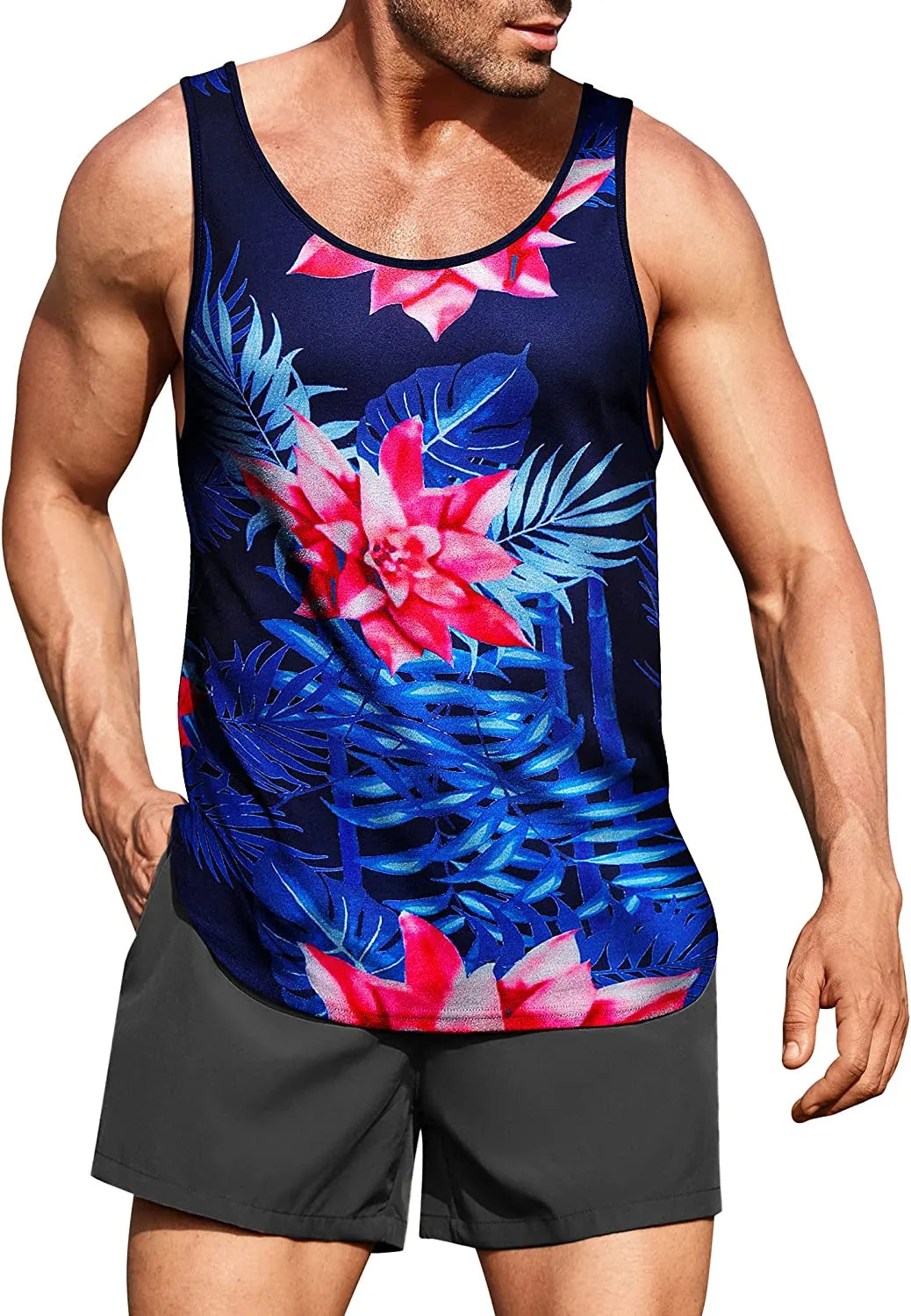 Men's Floral Tank Top Sleeveless Tees All Over Print Casual Sport Gym T-Shirts Hawaii Beach Vacation