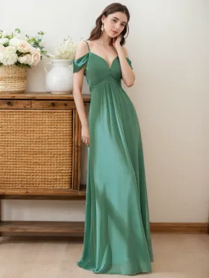 Off-the-shoulder sleeves strap deep V-neck A-line chiffon prom dress