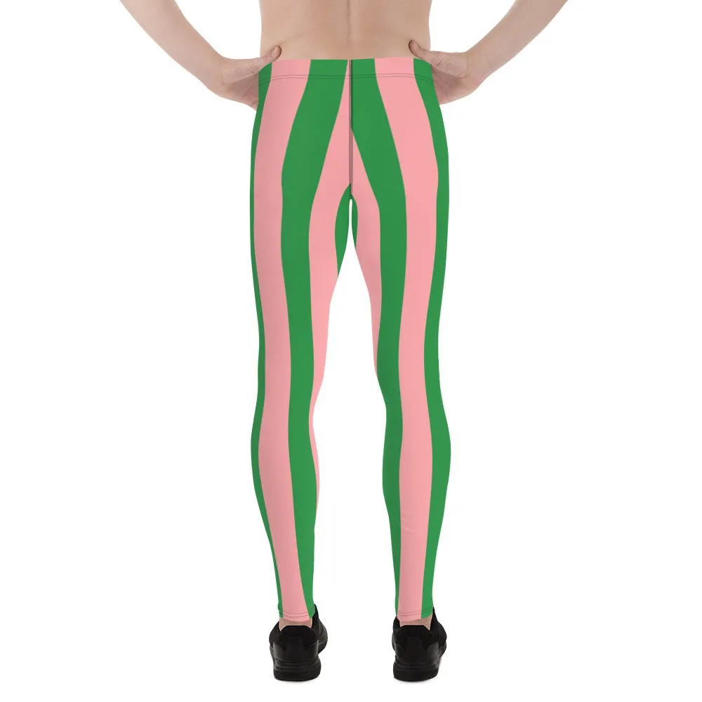 Pale Pink Green Stripes Meggings, Vertically Striped Meggings Running Tights-Made in USA/EU/MX