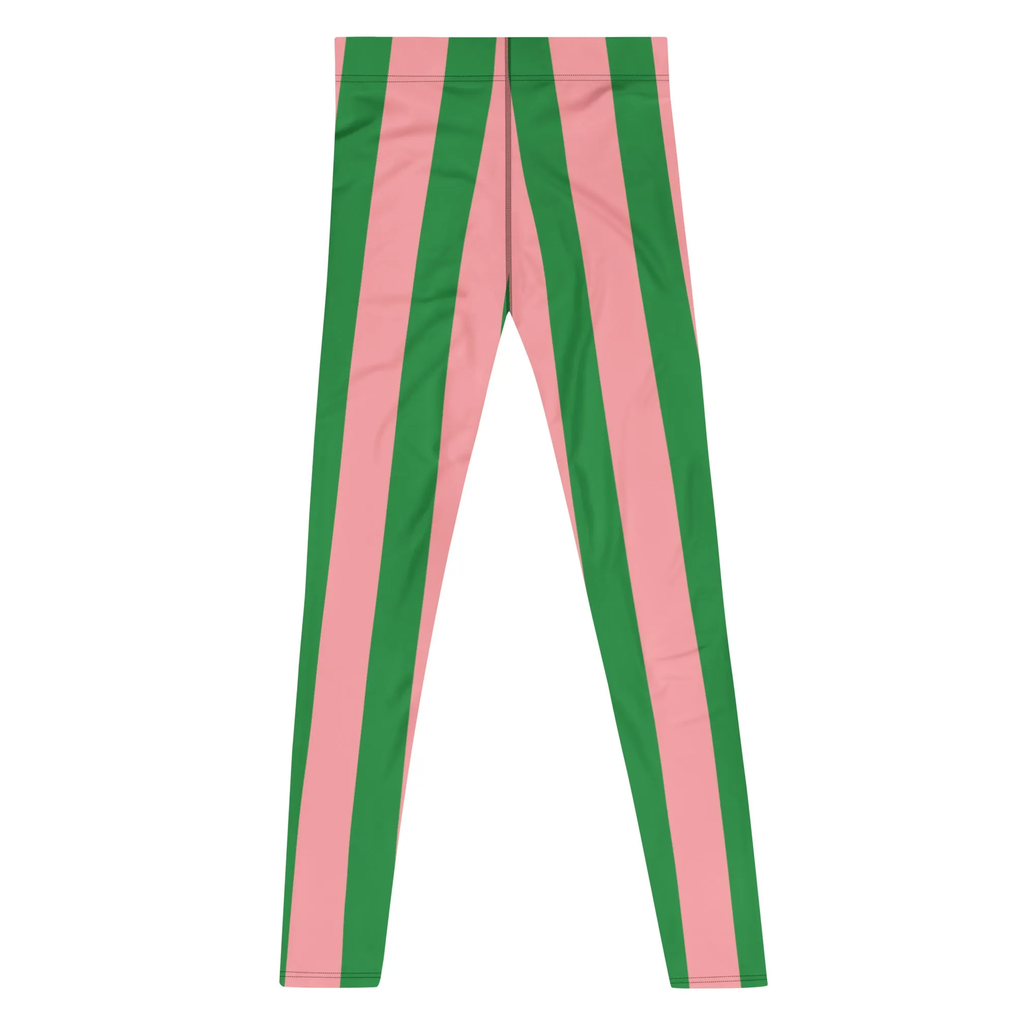 Pale Pink Green Stripes Meggings, Vertically Striped Meggings Running Tights-Made in USA/EU/MX