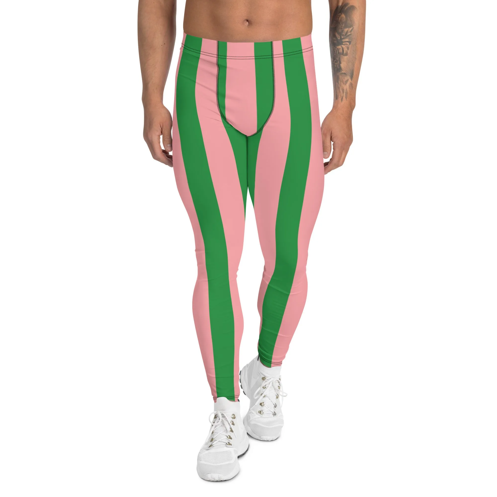 Pale Pink Green Stripes Meggings, Vertically Striped Meggings Running Tights-Made in USA/EU/MX