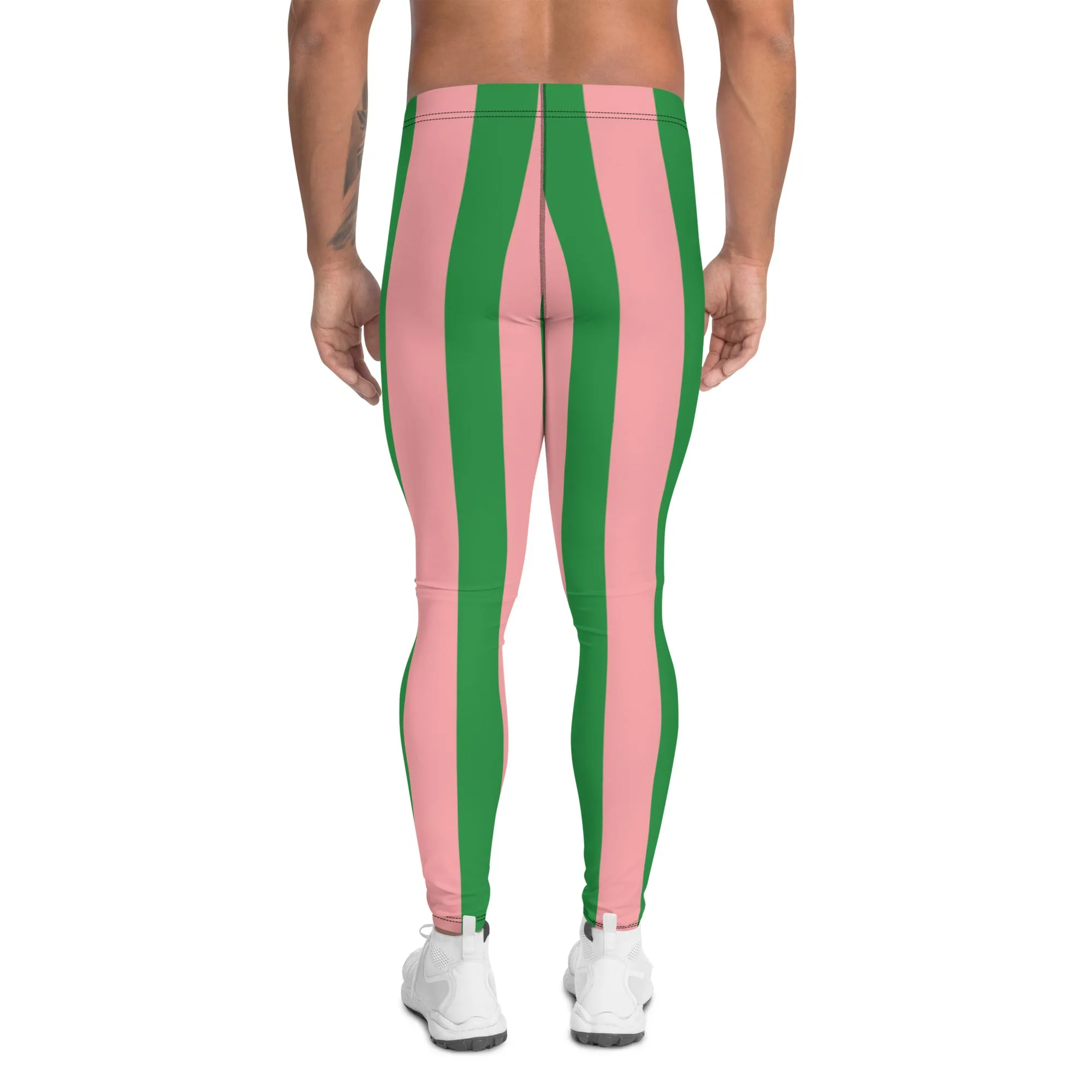 Pale Pink Green Stripes Meggings, Vertically Striped Meggings Running Tights-Made in USA/EU/MX