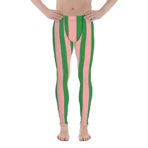 Pale Pink Green Stripes Meggings, Vertically Striped Meggings Running Tights-Made in USA/EU/MX