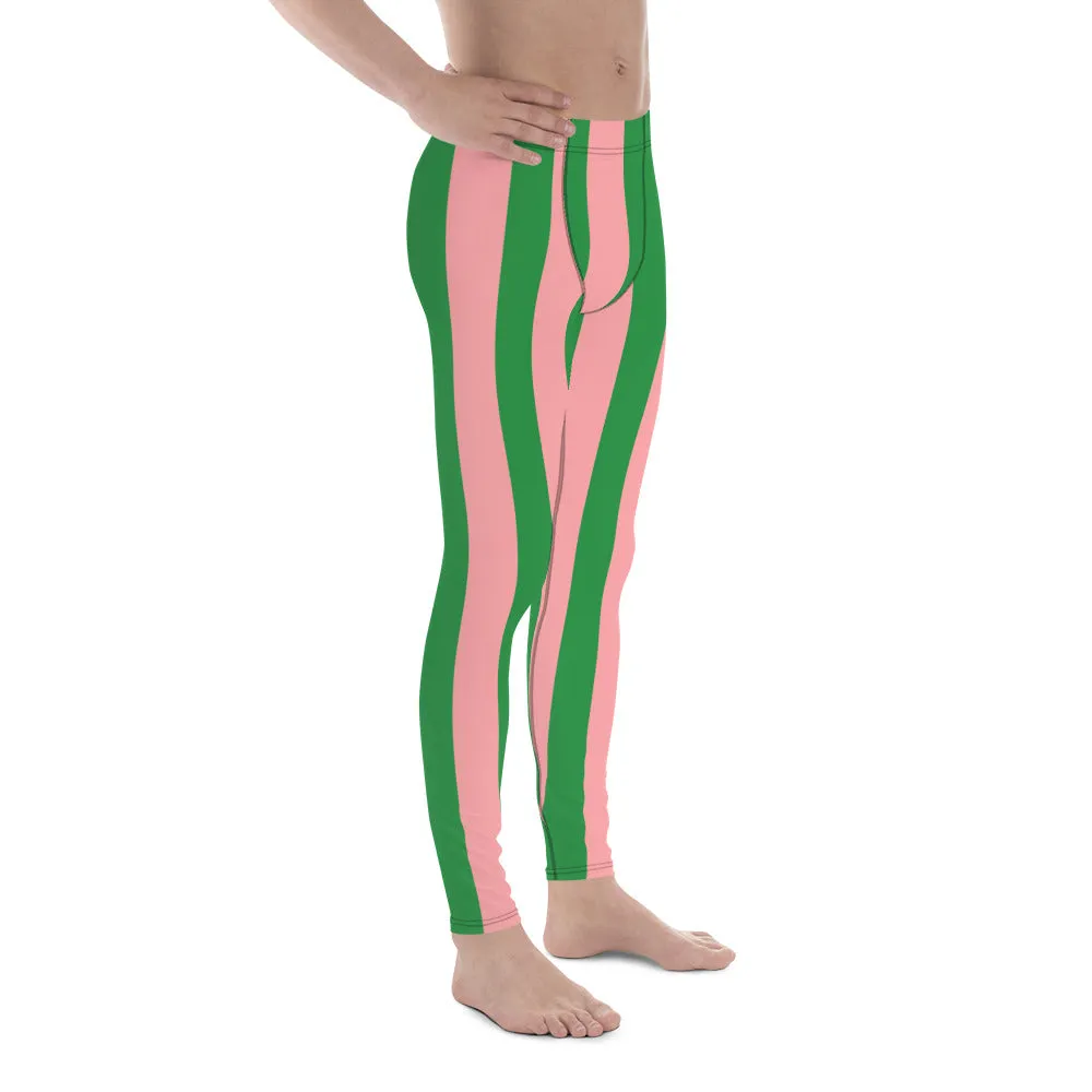 Pale Pink Green Stripes Meggings, Vertically Striped Meggings Running Tights-Made in USA/EU/MX