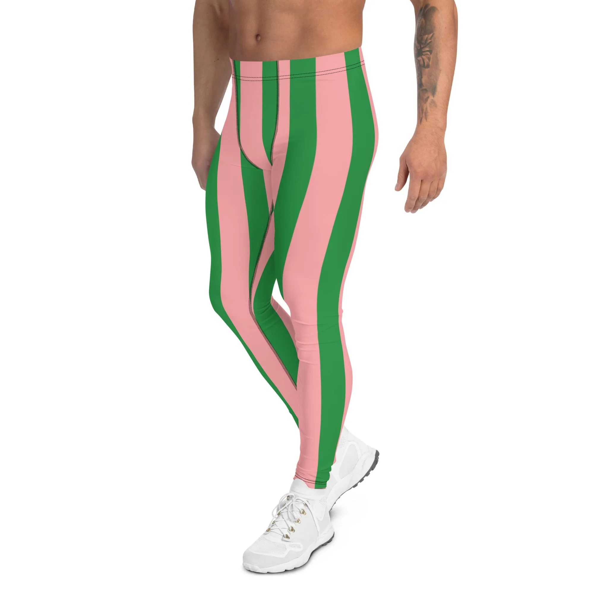 Pale Pink Green Stripes Meggings, Vertically Striped Meggings Running Tights-Made in USA/EU/MX