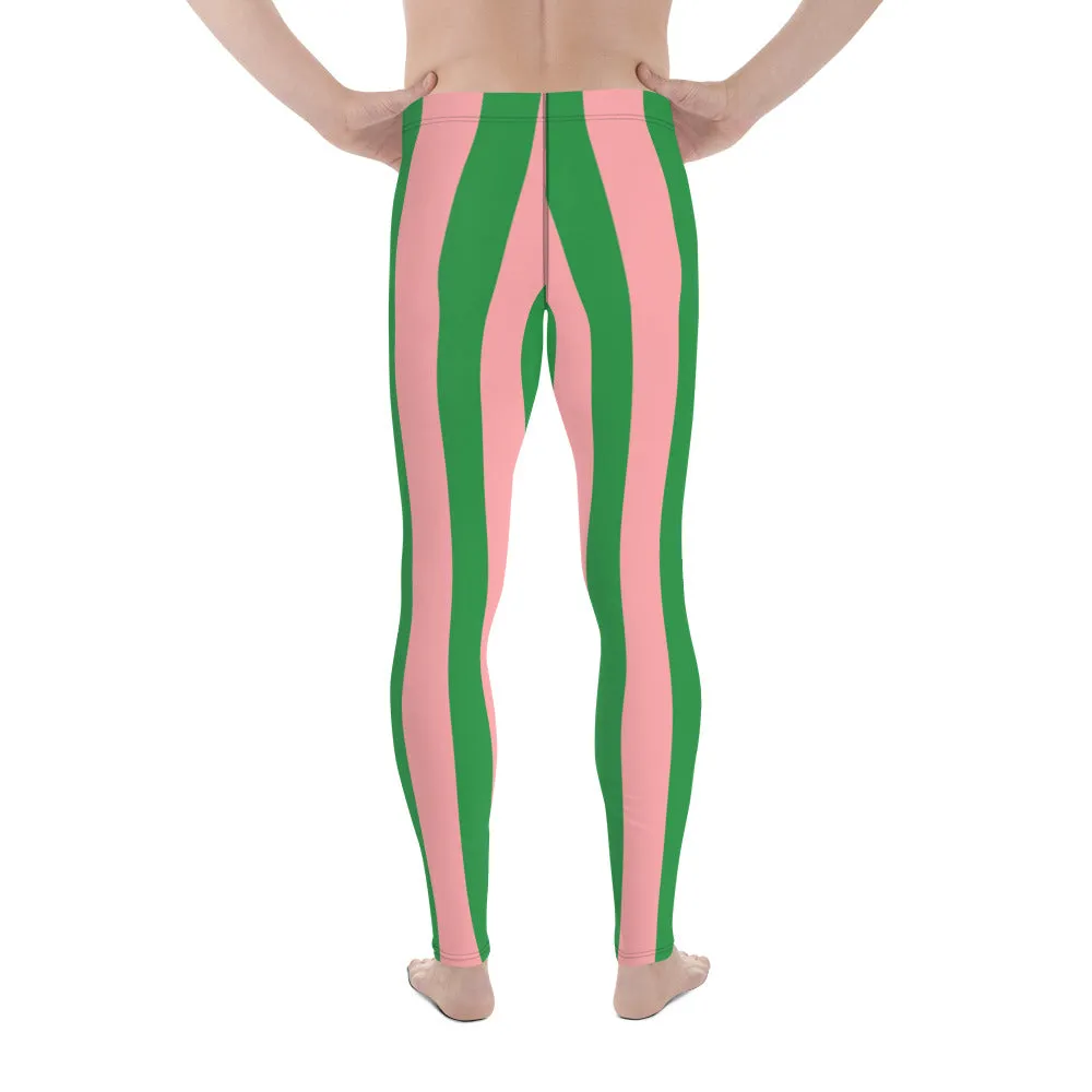 Pale Pink Green Stripes Meggings, Vertically Striped Meggings Running Tights-Made in USA/EU/MX