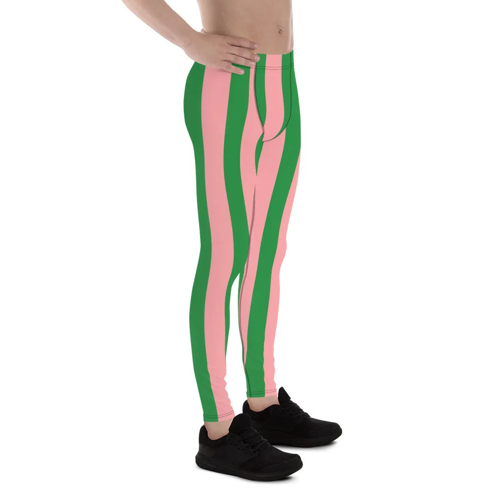 Pale Pink Green Stripes Meggings, Vertically Striped Meggings Running Tights-Made in USA/EU/MX