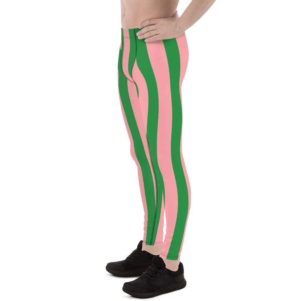 Pale Pink Green Stripes Meggings, Vertically Striped Meggings Running Tights-Made in USA/EU/MX