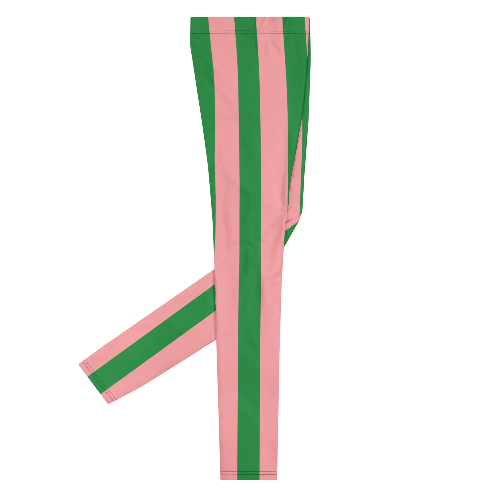 Pale Pink Green Stripes Meggings, Vertically Striped Meggings Running Tights-Made in USA/EU/MX