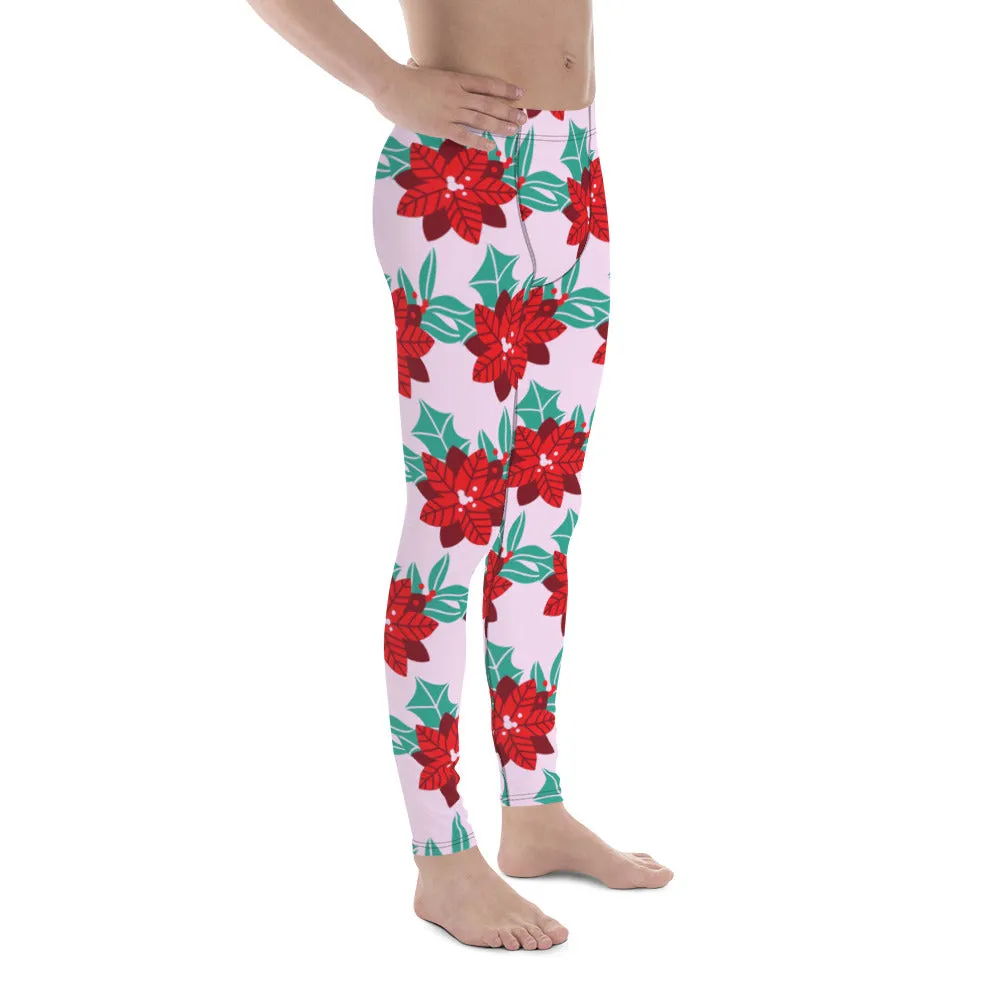 Pink Christmas Print Men's Leggings, Pink & Red Xmas Flower Designer Men's Leggings-Made in USA/MX/EU