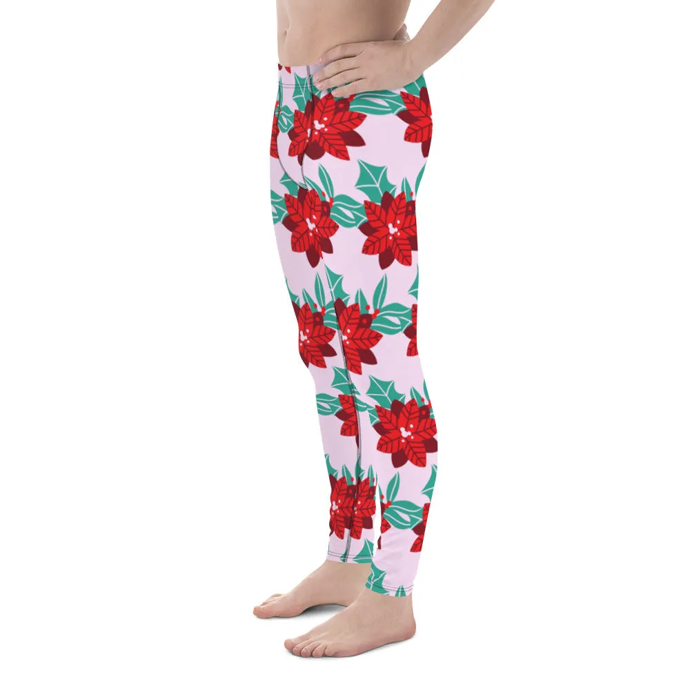 Pink Christmas Print Men's Leggings, Pink & Red Xmas Flower Designer Men's Leggings-Made in USA/MX/EU