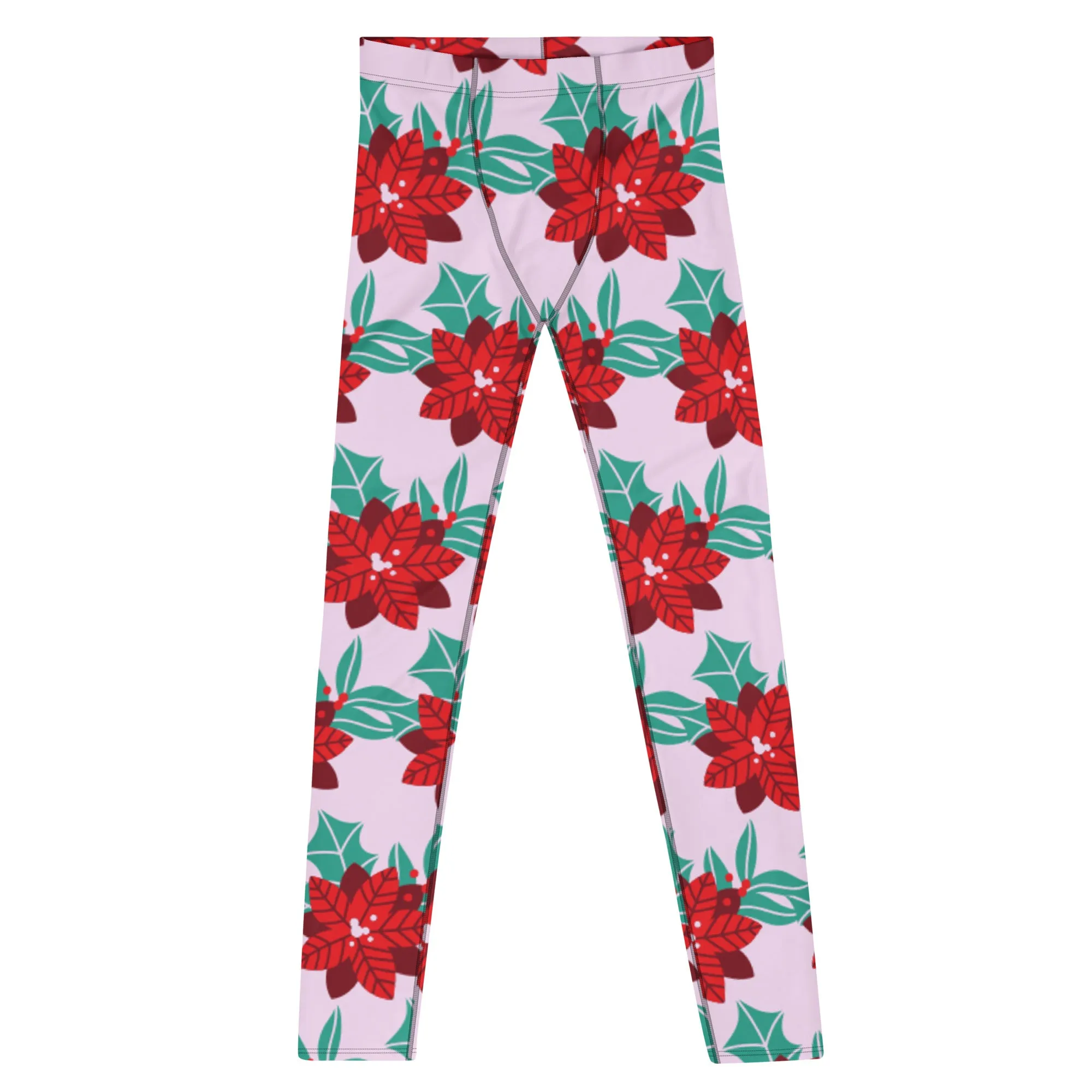 Pink Christmas Print Men's Leggings, Pink & Red Xmas Flower Designer Men's Leggings-Made in USA/MX/EU