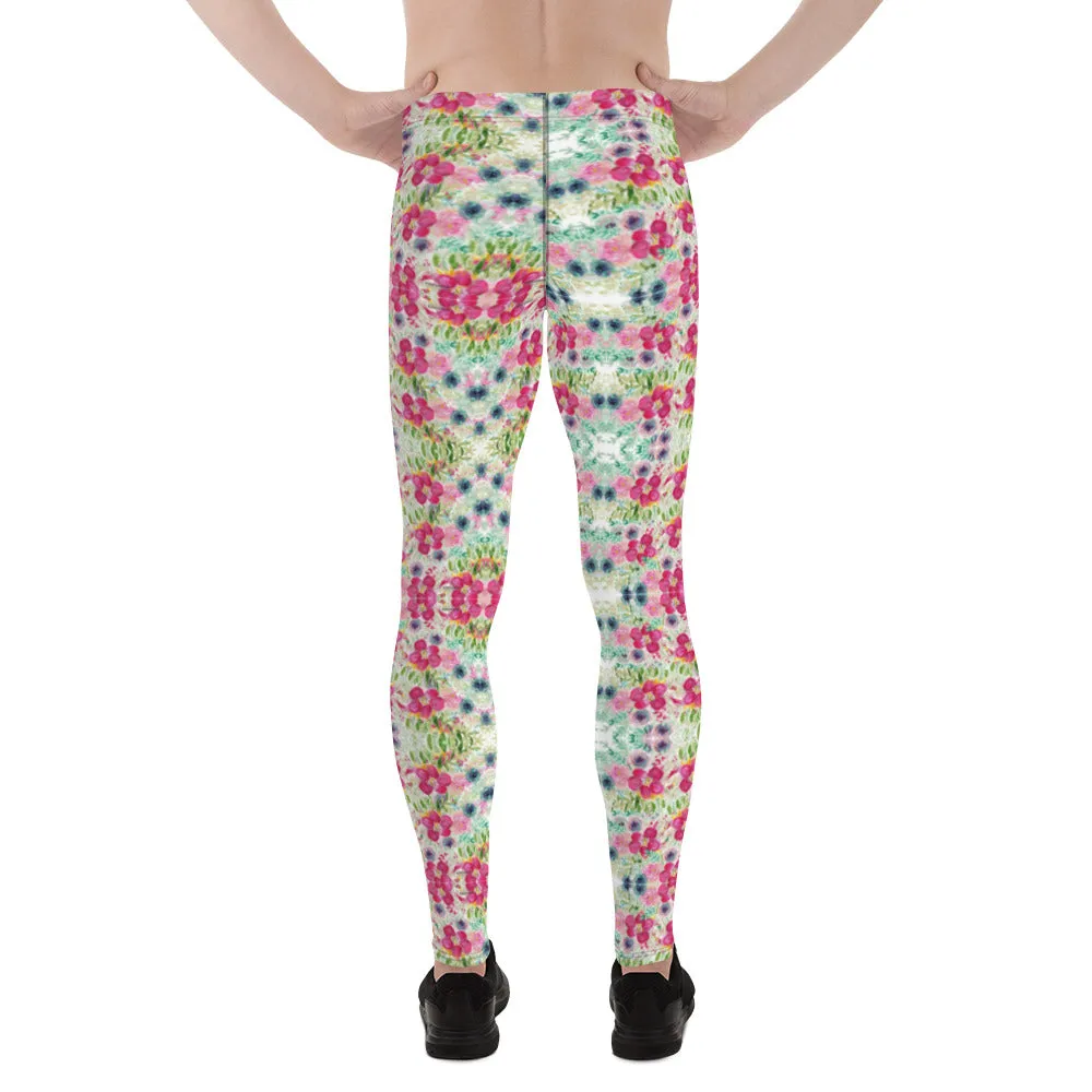 Pink Floral Print Men's Leggings, Mixed Flower Print Designer Meggings-Made in USA/EU/MX