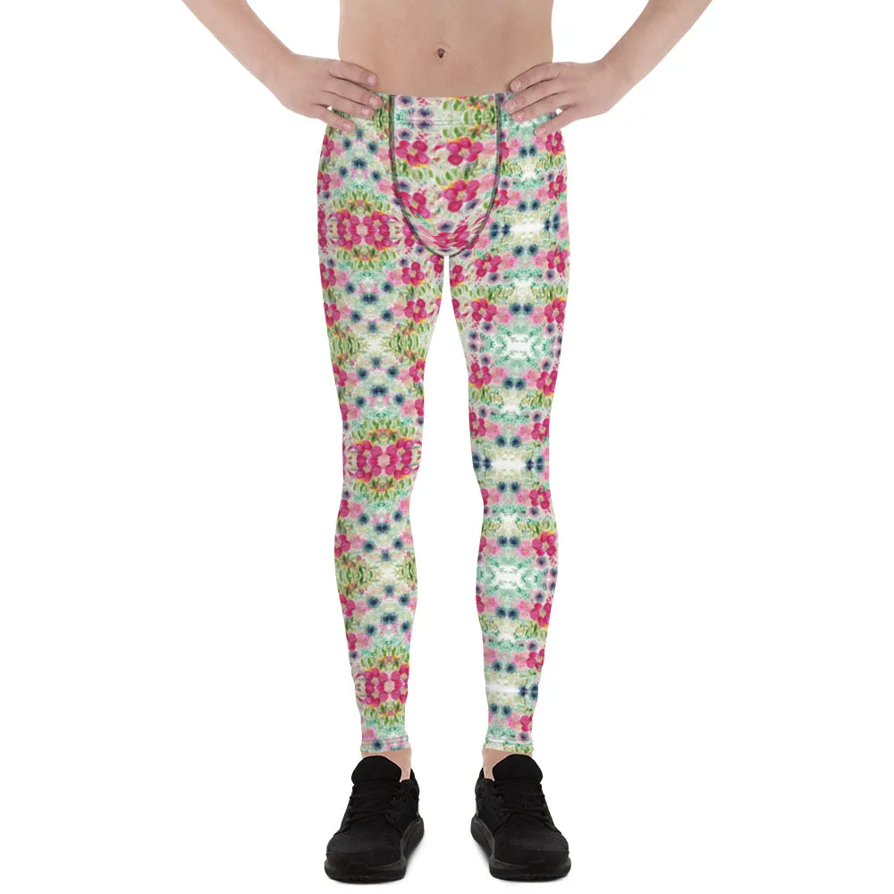 Pink Floral Print Men's Leggings, Mixed Flower Print Designer Meggings-Made in USA/EU/MX