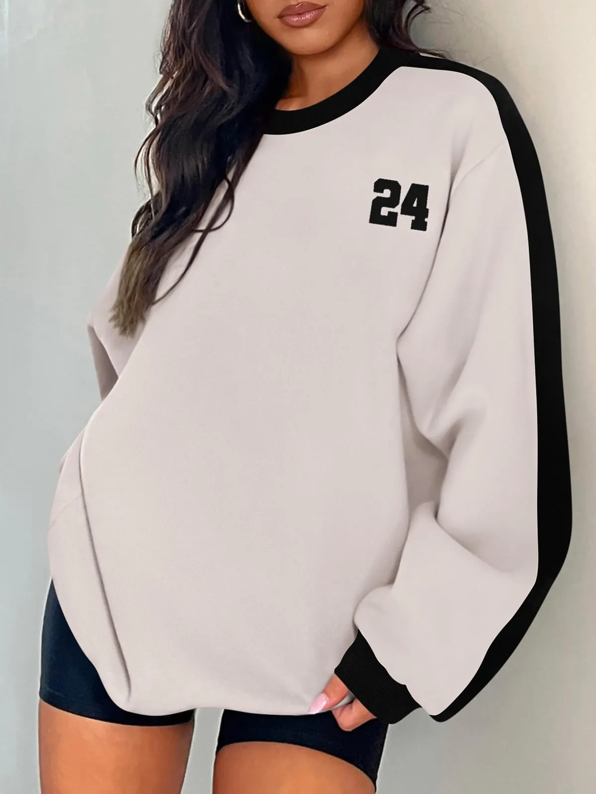 PRETTYGARDEN Womens Oversized Crew Neck Fleece Sweatshirts Loose Fit Long Sleeve Pullover Tops Y2K Clothes (Beige Grey,Medium)