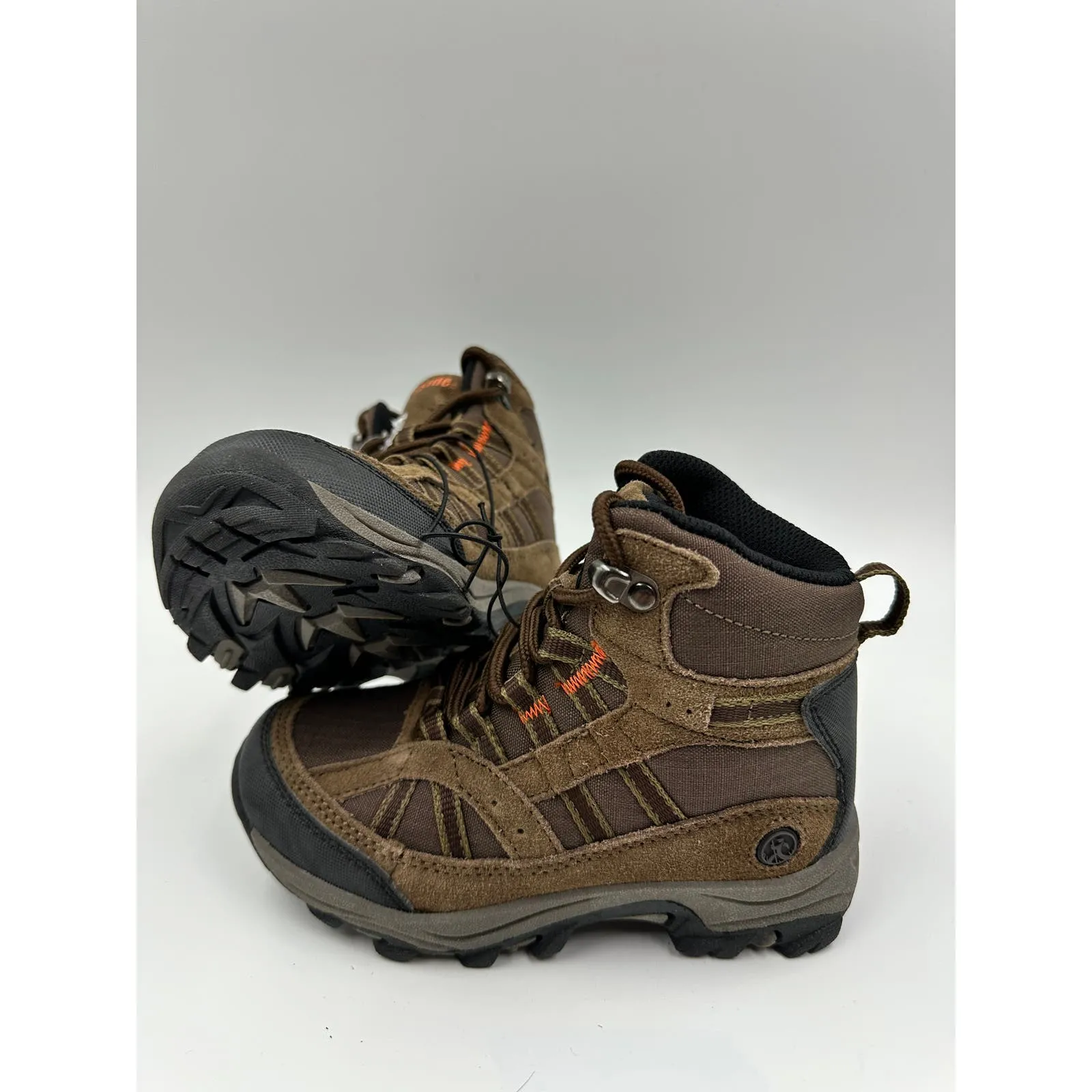 Small Kid Size 12, High Top Brown Hiker with Orange Accents, Black Toe Cap