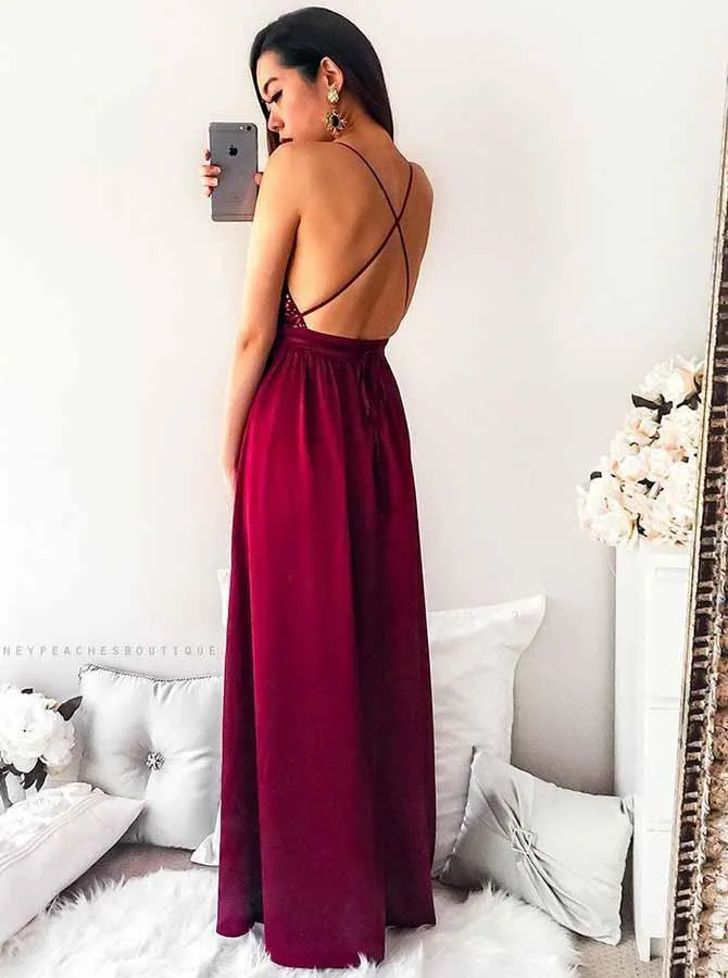 Spaghetti Straps Pleated Dark Red Long Prom Party Dress with Sequins PG645