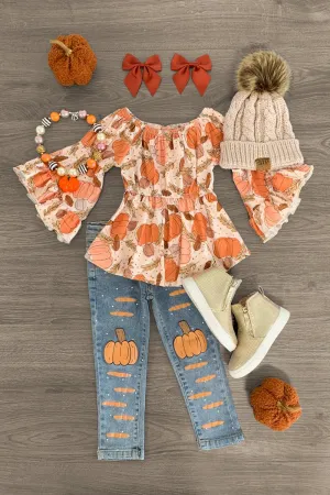 Tan Pumpkin Leaf Denim Pant Set