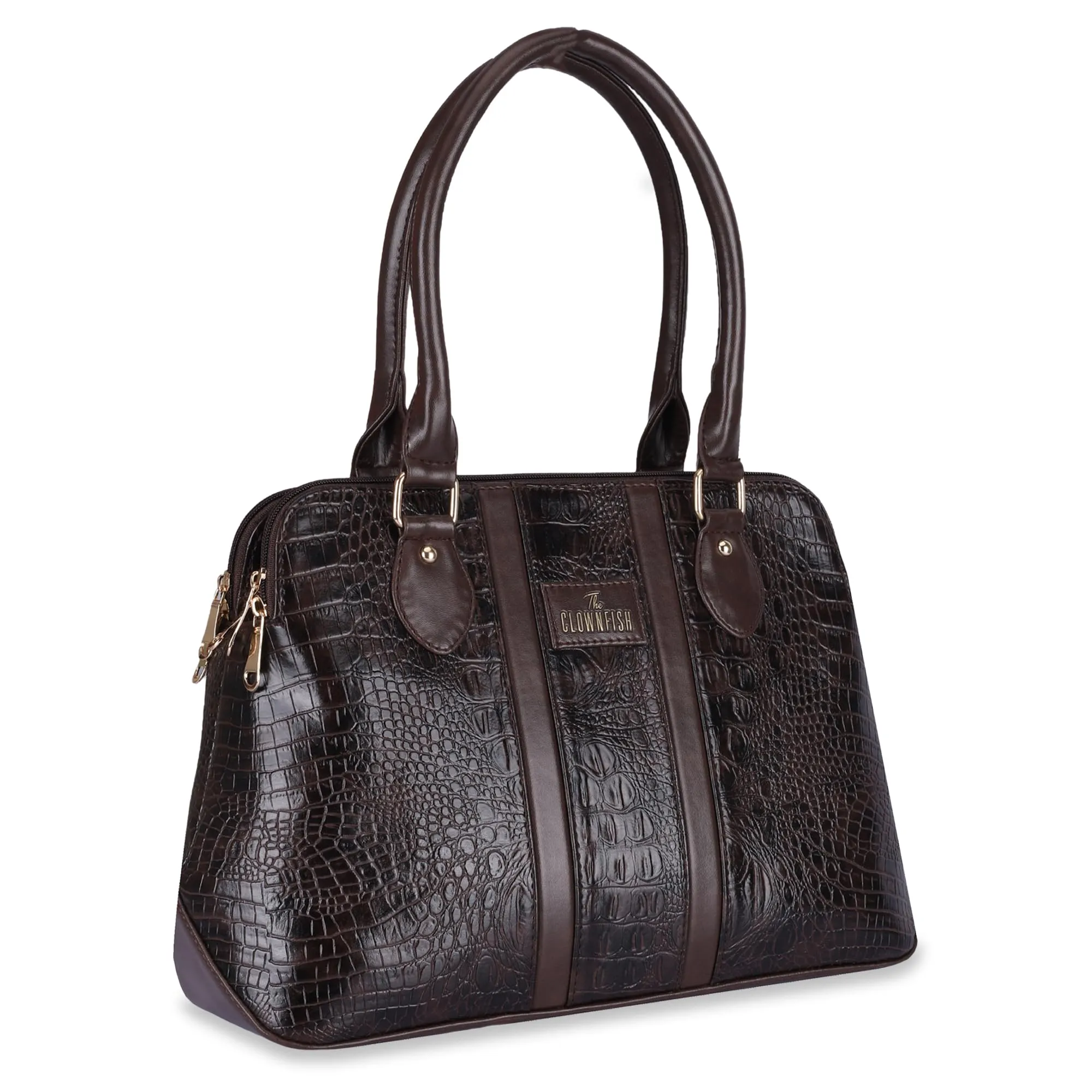 THE CLOWNFISH Freya Collection Faux Leather Crocodile Finish Handbag for Women Office Bag Ladies Purse Shoulder Bag Tote For Women College Girls (Dark Brown)