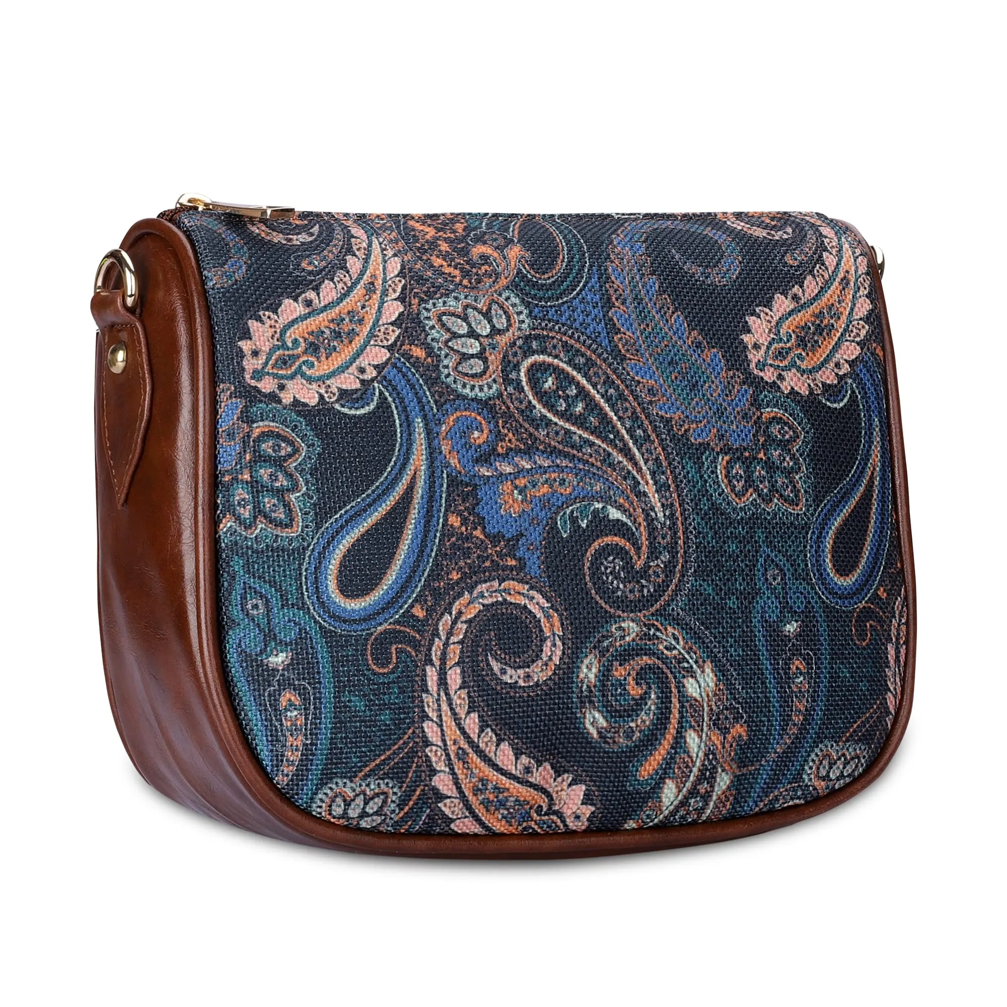 THE CLOWNFISH Garnet Series Printed Handicraft Fabric & Tapestry Crossbody Sling Bag for Women Ladies Single Shoulder Bag Shoulder Belt (Peacock Blue-Floral)