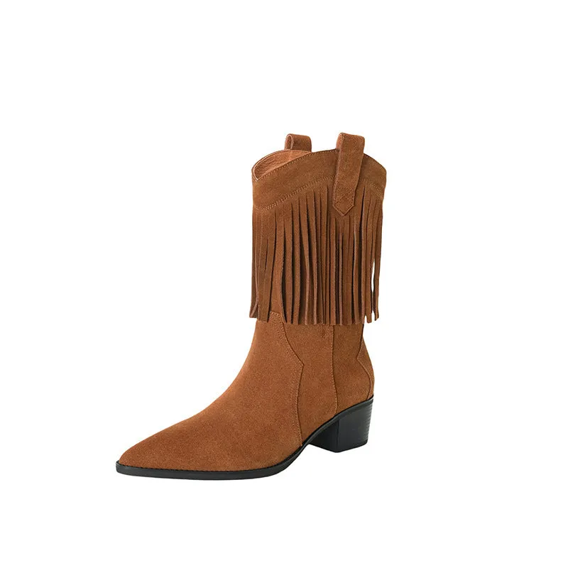 Western Point-Toe Cowgirl Boots With Tassels Handmade Suede Mid Calf Boots in Black/Brown