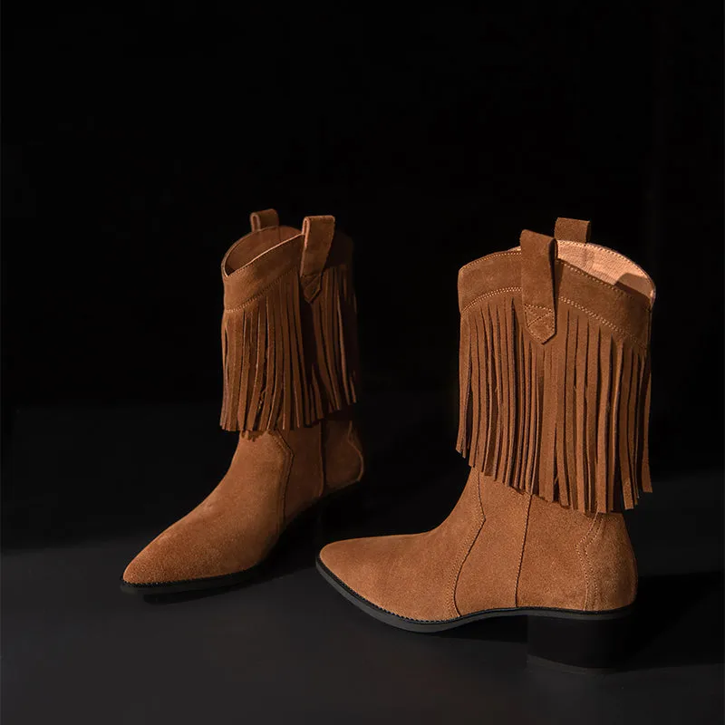 Western Point-Toe Cowgirl Boots With Tassels Handmade Suede Mid Calf Boots in Black/Brown