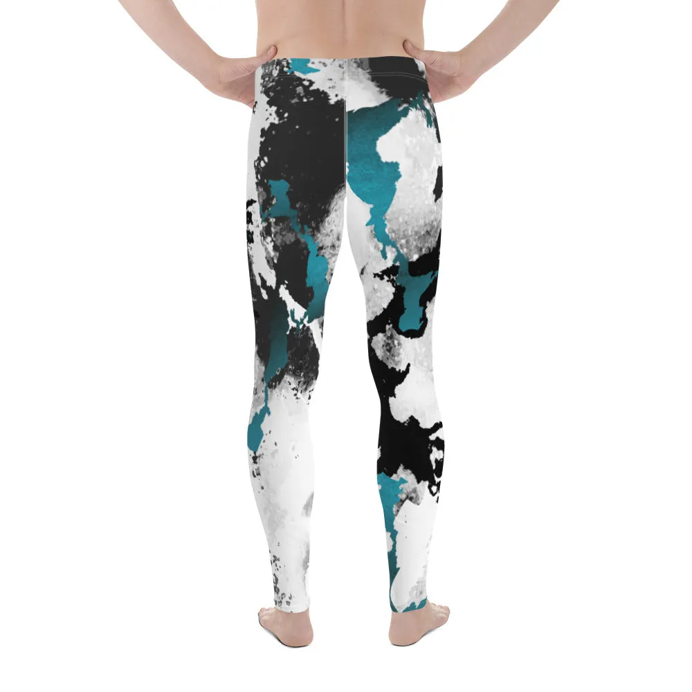 White Black Abstract Men's Leggings, Abstract Best Meggings Running Tights For Men-Made in USA/EU/MX