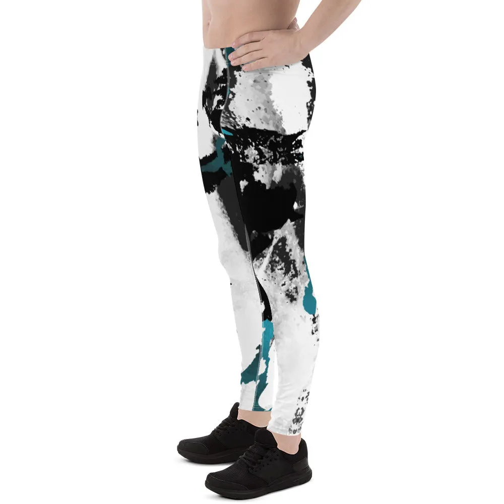 White Black Abstract Men's Leggings, Abstract Best Meggings Running Tights For Men-Made in USA/EU/MX