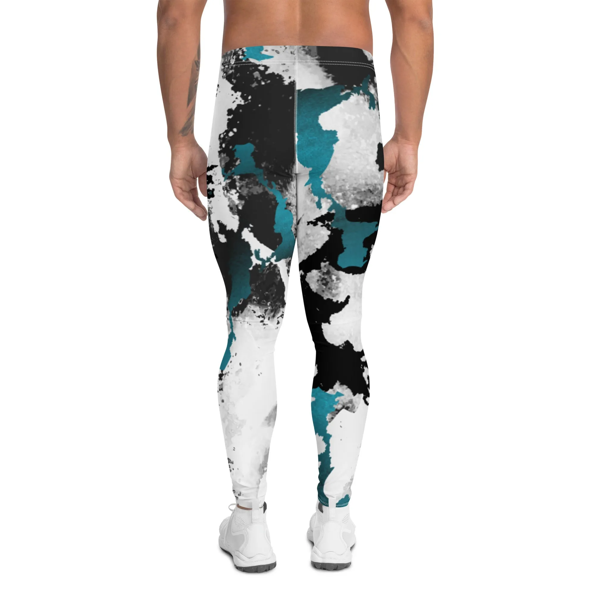 White Black Abstract Men's Leggings, Abstract Best Meggings Running Tights For Men-Made in USA/EU/MX